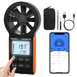 Wind Speed Anemometer Bluetooth, WapoRich Handheld Wind Gauge Measures Atmospheric Pressure/Humidity/Temp/Dew Point/Wind Chill/Altitude with MAX/MIN/AVG for HVAC Drone Sailing - RQ-6000WM-APP