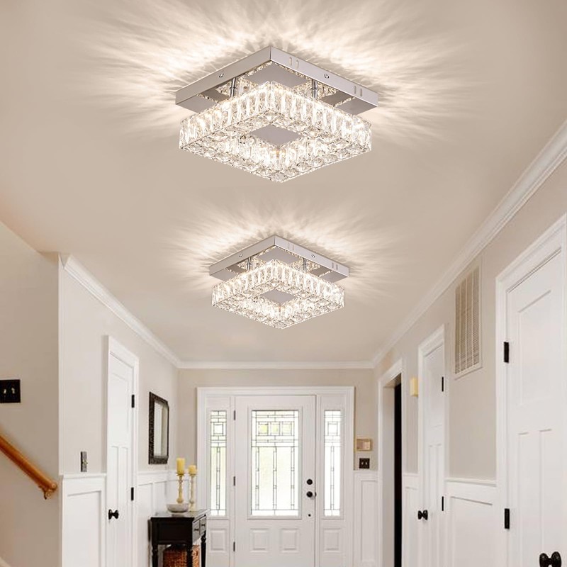 YPQXYHDA Dimmable Square Crystal Chandelier LED Mini Ceiling Light with