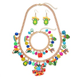 VOGUEKNOCK Mexican Jewelry Set Cinco De Mayo Charm Necklace Bracelet Fiesta Dangle Earrings Carnival Holiday Jewelry Gifts for Women, one size, Alloy, Plastic, Enamel, No Gemstone