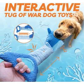 LEGEND SANDY Dog Toys for Aggressive Chewers, Large Dog Toys to Keep Them Busy, Interactive Squeaky Pet Toys, Tug of War, Crinkle Blue Shark (Blue)