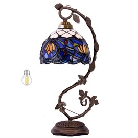 WERFACTORY Tiffany Table Lamp Blue Stained Glass Lotus Style Desk Reading Light with Metal Leaf Base 8X10X21 Inches Decor Small Space Bedroom Home Office S220 Series