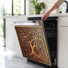 Woodcarving Tree of Life Kitchen Magnets Decor Magnet Dishwasher Cover, 3D Tree of Life Magnetic Refrigerator Skins Cover, Wooden Door Home Dishwasher Sticker - 23" x 26" Magnetic
