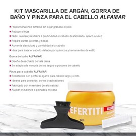 Mascarilla capilar hidratante con aceite de argán y proteína de trigo que repara, suaviza y elimina el frizz del cabello seco y maltratado + gorro de baño y pinza mariposa ALFAMAR