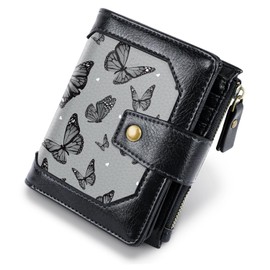 Women Leather Wallet RFID Blocking Small Bifold Zipper Pocket Wallet Card Case Purse with ID Window, Black Butterflies
