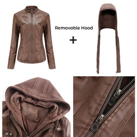 Tagoo Faux Leather Jacket Women Motorcycle Coat for Biker with Removable Hood Plus Size