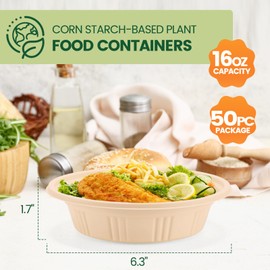 Glotoch Express 100 Piece (50 Pack) Meal Prep Bowl Containers with Lids, Cornstarch Round Food Containers for Lunch Salad Deli Soup, BPA Free Plant-based Take Out Containers Microwave & Freezer Safe, 16 oz