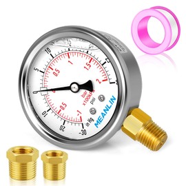 MEANLIN MEASURE -30~30Psi Stainless Steel 1/4" NPT 2.5" FACE DIAL,Vacuum Pressure Gauge,Lower Mount, with 1/4" x 1/2" NPT and 1/4" x 3/8" NPT Hex Bushing