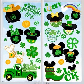 St Patrick’s Day Window Clings,9 Sheets Mouse Theme Saint Patrick's Day Window Decal Decorations Luck Shamrock Clover Removal Window Stickers for Irish Mouse Theme Home St Patrick’s Day Supplies