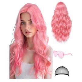 23.62 Inch Long Wavy Wig Middle Part for Women and Party Sunglasses, Curly Wavy Wigs with Neon Glasses for Women - Bachelorette Party Wigs Decorations Favors (Dark Pink)