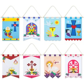 8 Sets First Communion Banner Kit for Boys Girls 9 x 12 Inch First Holy Communion Banner Kits Felt Gifts Fun Church and Sunday School Crafts for Kids DIY Craft Supplies Decor