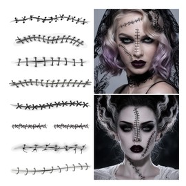 Konsait Halloween Stitches Tattoos, Horror Wound Fake Stitches Tattoo, Doll Zombie Bride Costume Face Body Makeup Accessories, 8 Sheets