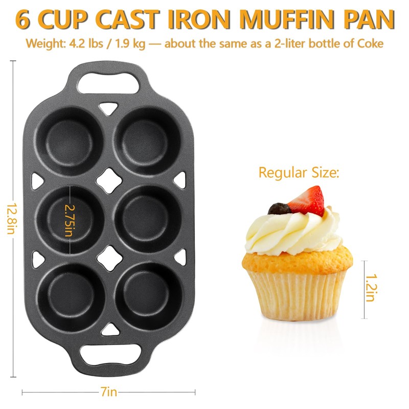 COSORM Pre-Seasoned Cast Iron Muffin Pan - 6-Cup Nonstick Cupcake