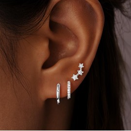 Poxtex Silver Huggie Hoop Earrings Set for Women, 925 Sterling Silver Small Stud Earrings for Multiple Piercing Hypoallergenic Lightweight Dainty Jewelry, Trendy 3 Pentagram Cubic Zircon Cartilage Earrings for Women's Gifts 3 Pairs