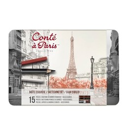 Conté à Paris 750411 Esquisse Set in Metal Box - 7 Sketch Pencils, 6 Carré Chalks and Accessories - Eraser, Stumps