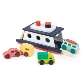 Mentari Toys - Car Ferry - Wooden Toy Boat with Dual Loading/Unloading Ends - Includes Car, Caravan, Campervan and Truck - Enhances Imaginative Play and Fine Motor Skills - Age 3+