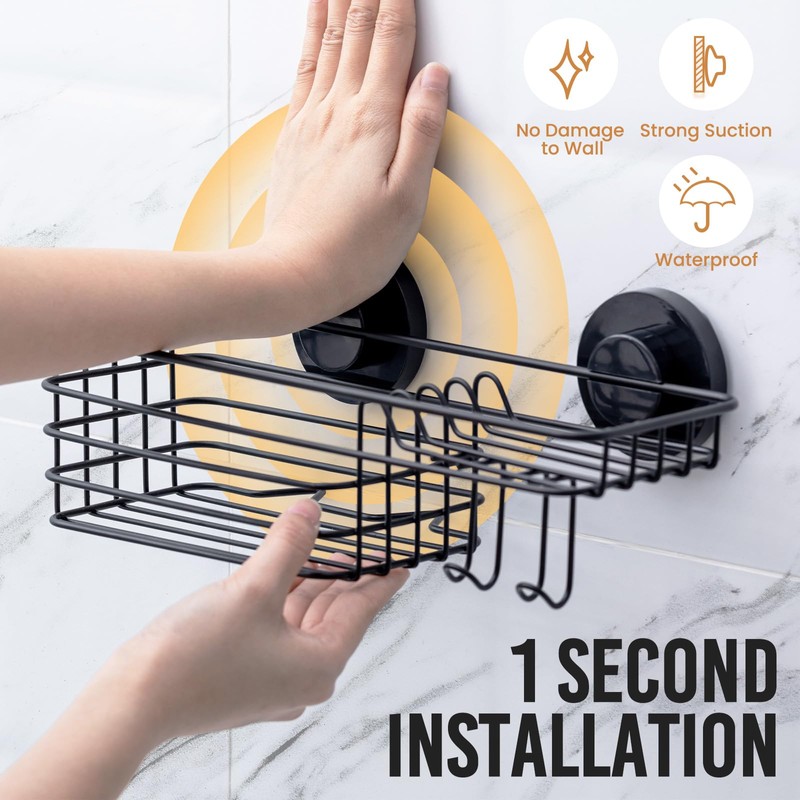 LEVERLOC Shower Caddy Suction Cup, Black Shower Shelf with Hooks