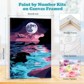 MOGTAA Paint by Numbers for Adults Beginner with Frame, Starry Night Paint by Numbers for Adults, Kids' Painting by Numbers, DIY Oil Painting Kits Moon Seaside Art Crafts for Home Decor, 8x12in