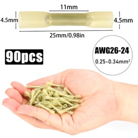 Mbsomnus Pack of 90 Crimp Connectors, Waterproof, 26-22 AWG Butt Connectors, Yellow Trumpet Cable Connectors, Car Shrink Connectors, Butt Connectors, Crimp Connectors for Cable Connecting Through