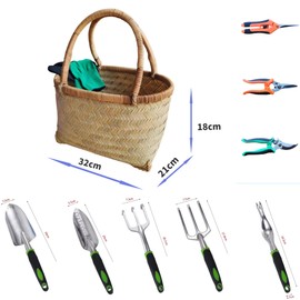 套装 (Green),Gardening Tool Set, Equipped with a Bamboo Woven Storage Basket, 5 Aluminum Alloy Hand Tools, and 3 Stainless Steel Scissors, is a Wonderful Gift for Gardening Enthusiasts.