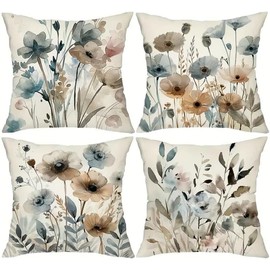 Watercolor Floral Summer Linen Throw Pillow Covers, 18 x 18 inches, Set of 4, Blue and Beige Soft Green and Blue Tones Plants Decorative File Cushion Covers, Home Decor for Office car Farmhouse