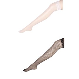 LOKALOKA Large Size Fishnet Tights, Set of 2, Knee High Lace, Garter, Stockings, Men's, Cosplay (Black/White, Small Mesh)