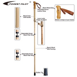 FOREST PILOT Trekking Pole- 1-pc Pack - Adjustable Hiking or Walking Stick –Strong, Natural Beech Wood - Quick Adjust Flip-Lock - Beech Wood Grip, Leather Strap (Brown)