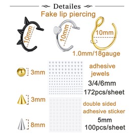 QWALIT Fake Lip Ring Fake Lip Piercing Fake Piercings Balls Spike Fake Nose Ring Hoop Fake Face Piercing Fake Nose Stud Stick on Fake Bridge Eyebrow Piercing Fake Eyebrow Ring Fake Face Jewelry