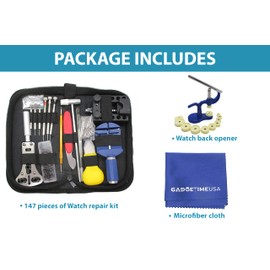 Watch Repair Kit (147 Pieces) With Watch Back Cover Press And Cloth,Professional Watch Service Set with Carry Case & User Manual,Battery, Band, Strap, Link Pin,Watch Fixing & Adjustment Tools, non