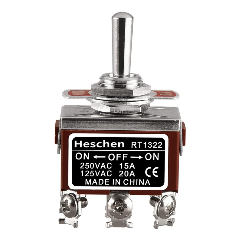 Heschen Metal Toggle Switch, RT1322, DPDT, Maintained Type, ON/OFF/ON, 3
