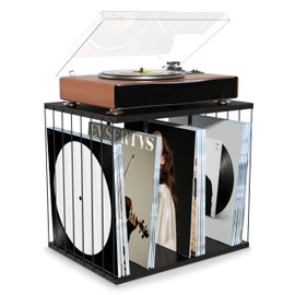 Emfogo Vinyl Record Storage, Metal & Wooden Vinyl Record Holder Up to 80 Album, 3-Compartment Record Player Stand for Magazine, Book, Files, Albums (Black)