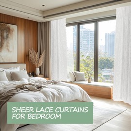 Jayla Sheer Lace White Curtains for Bedroom Voile Korean Style Embroidery with Scalloped Edges Knitted Lace Curtains for Living Room Kitchen Rod Pocket 2 Panels 52 W x 84 L Inch