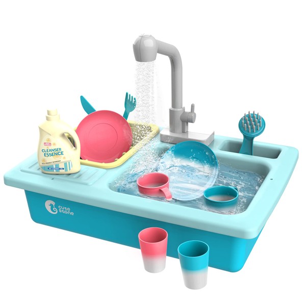 CUTE STONE Color Changing Kitchen Sink Toys, Children Heat Sensitive Electric Dishwasher Playing Toy with Running Water, Automatic Water Cycle System Play House Pretend Role Play Toys for Boys Girls