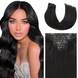 Caliee 18Inch Jet Black Seamless Human Hair Extensions Ultra Invisible Skin Weft Clip ins 7Pcs 110Gram Black Hair Extensions Remy Human Hair Full Head PU Clip on Straight Hair Extensions