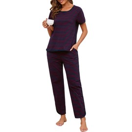 Namatime Womens Pajama Sets Cotton 2 Piece Lounge Set Stripe Short Sleeve Pj Set Comfy Loungewear Sleepwear with Pockets Summer Sleep Wear 2025 Navy Red Wide Stripe X-Large