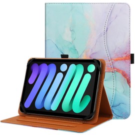 HGWALP Universal Case for 7inch-8inch Tablet,Multi-Viewing Angels PU Leather Stand Folio Case Cover with Handstrap for 7" 8" Touchscreen Tablet, with Adjustable Fixing Silicon Band-Marble Blue