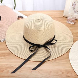FunYun Sonnenhüte Floppy Faltbare Bowknot große breite Krempe Stroh Damenhüte Sommer Strandkappe UV-Schutz , L, beige