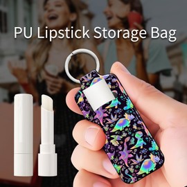 PLKTJOSA Leather Chapstick Holder Keychain, Unisex Lip Balm & Lipstick Sleeve for Everyday Use(Rainbow Dinosaurs)