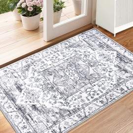 XSIVOD Entryway Rug Indoor Door mat, Grey Small Washable Area Rugs for Kitchen Bathroom Mat, Low Pile Vintage Rug, Non-Slip Bedroom Carpet for Front Door Entrance Welcome Mat, 60 x 90 cm