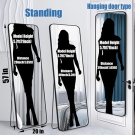 SCWF-GZ 57x20 Door Hanging Full Length Mirror, Floor Stand (Height 5.7ft just Body in1.3ft) Wall Mounted Metal Frame Rectangle Dressing Mirrors for Bedroom Room 57 inch Black