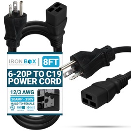 IronBox Electric 6-20P to C19 Power Cords Rated 20A, 250V, 12/3 AWG - UL Listed Extension Cable Adapter - Power Supply Cables- Heavy Duty Plug and Cord for Computer, Data Centers & More (8ft, Molded)