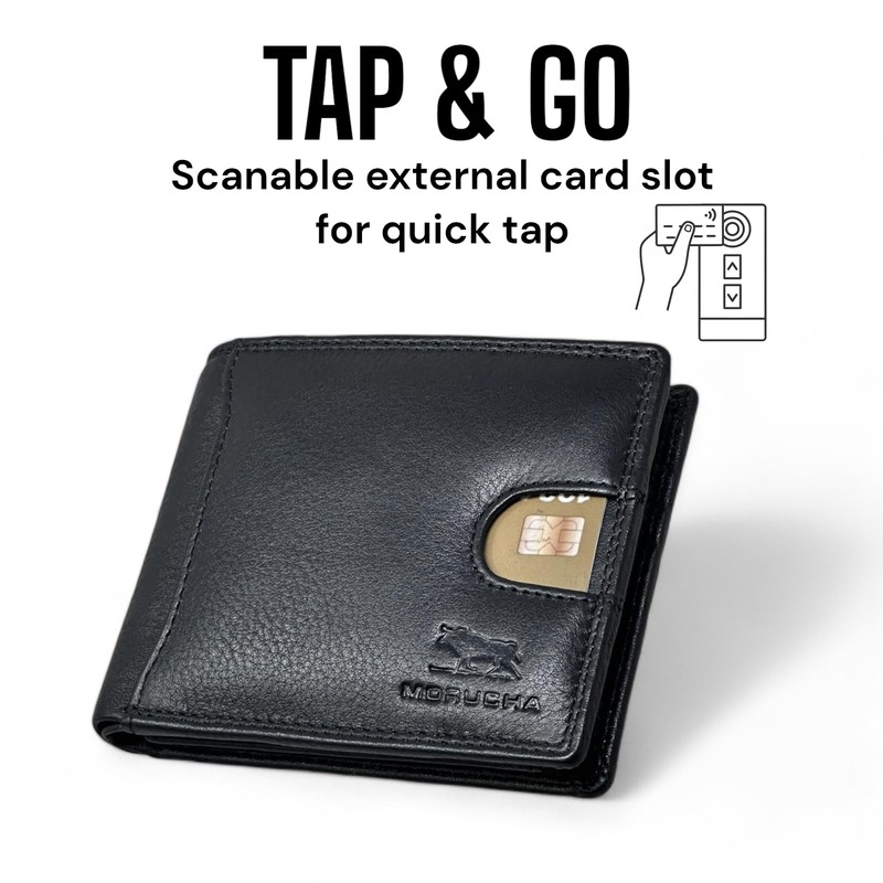 MORUCHA Black Tap-&-Go RFID Wallet, Soft Cowhide Leather Passcase Wallets,