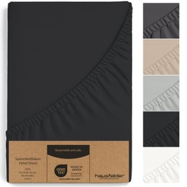 Hausfelder® Premium Fitted Sheet Topper 180 x 200 cm to 200 x 200 cm - 100% Jersey Cotton Cover, Oeko-Tex Made in Green, 5 to 15 cm Box Spring Bed Topper Height, Black