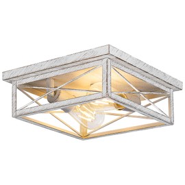 Kondras Antique White Hallway Light Fixture, 2-Light Farmhouse Flush Mount Ceiling Lighting, 1-Pack Metal Kitchen Lighting Fixture, Square Close to Ceiling Lamp for Bedroom Living Room Entryway