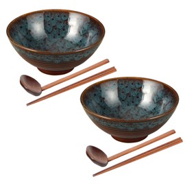 STE-CER Ceramic Japanese Ramen Bowl Set with Chopsticks,8 inch 40 oz Pho Bowls & Asian Soup Bowl and Spoons Set for Udon Noodle,Soba,Miso Soup,Set of 2(Peacock Green)