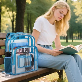 OUUTMEE Clear Backpack Heavy Duty PVC Transparent backpack, See Through School Bag with Reinforced Strap for Student School Work Sport Travel (Blue)