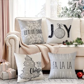 JOTOM Christmas Cushion Covers 45x45cm Christmas Decor Throw Pillow Cover Xmas Tree Let It Snow Merry Christmas Pillowcase Farmhouse Cushion Case for Couch Outdoor Winter Holiday Decor Set of 4 (Grey)