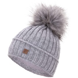 Faera Winter Hat Women's Hat Lined with Faux Fur Bobble Hat Girls Fleece Lining Winter Knitted Hat Beanie Men 34, lightgrey