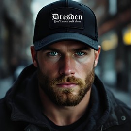 UGLYSHIRT Dresden Never Walk Alone Cap | Baseball Cap with Front Lettering - Adjustable Peaked Cap for Football Fans & Crew from Saxony - Streetwear Hat in Black