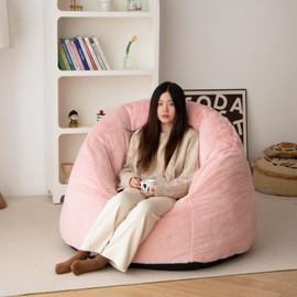 N&V Large Shell Bean Bag Chair, Adult Size Bean Bag Sack, Foam Filling, Includes Removable and Machine Washable Cover, 40in, Soft Faux Fur, Pink