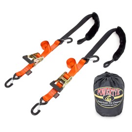 PowerTye 1.5in x 7ft Rubber Handle Ratchet Straps with SHEEPTEX Synthetic Sheepskin Soft-Tye w/Heavy Duty Latch-Hooks - 1,200 lb. WLL / 3,600 lb. Breaking Strength - Made in USA, Orange (Pair)